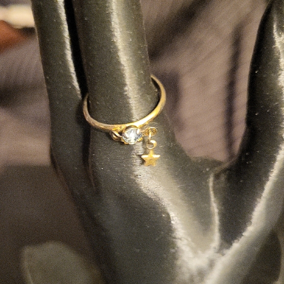 unmarked Jewelry - Dainty Gold Tone Celestial Charm Ring – Cubic Zirconia & Dangle Star Adjustable